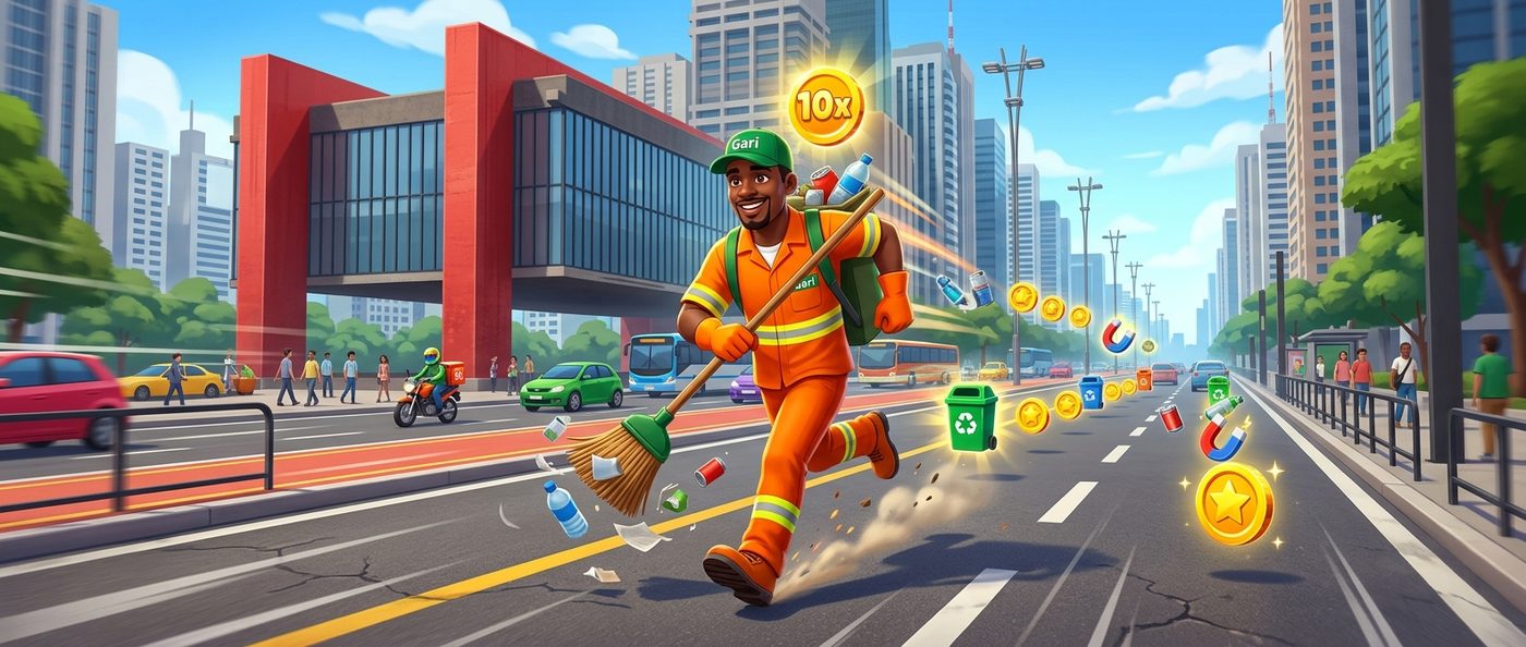 Gari correndo pela Avenida Paulista recolhendo lixo